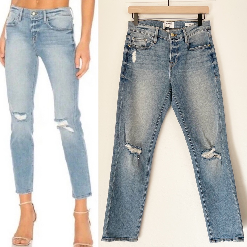 FRAME Denim Le Boy Distressed Straight Ankle Cropped Jeans in McLane | 27